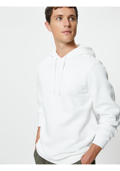Koton Basic Kapşonlu Sweatshirt Uzun Kollu Ribanalı Beyaz 4sam70001mk Beyaz