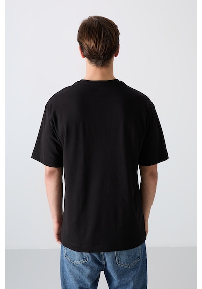 Tommy Life Siyah Pamuklu Kalın Yumuşak Dokulu Oversize Fit Baskılı Erkek T-shirt - 88331 Siyah