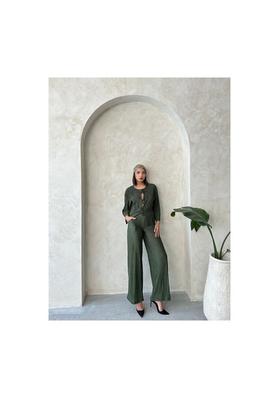 Verymoda Önden Bağlamalı Plise Gömlek - F1739 Haki