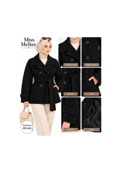 Miss Meliss Kruvaze Yaka Kemerli Spor Kaşe Siyah Siyah