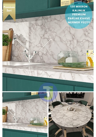 Technojet Kendinden Yapışkanlı Mermer Desen Folyo Mutfak Banyo Tezgah Duvar Kaplama 60cmx500cm Beyaz