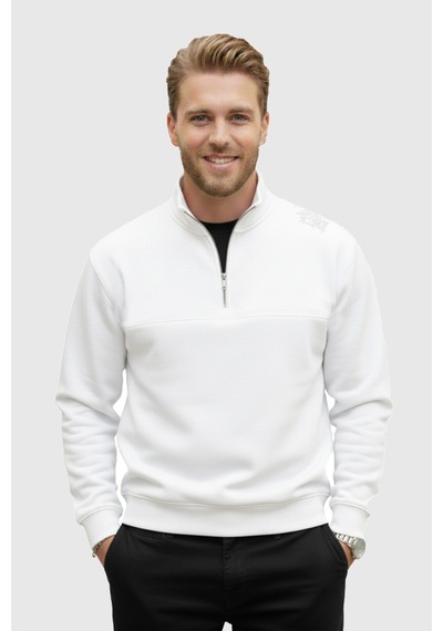 Rizzup Erkek Beyaz Relax Fit İçi Polarlı %100 Pamuk Yarım Fermuarlı Dik Yaka Sweatshirt 2600760