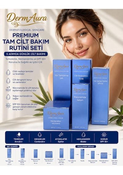 Dermaura Premium Leke Ve Aydınlatıcı Tam Cilt Bakım Seti Temizleme Jeli, Tonik, Niacinamide Serum, Nemlendirici Ve Spf 50+ Güneş Koruması