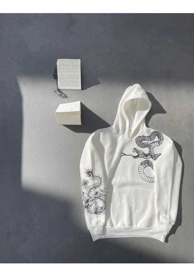Assema Erkek Üç İplik Pamuklu Kapüşonlu Baskılı Sweatshirt - Beyaz Çok Renkli