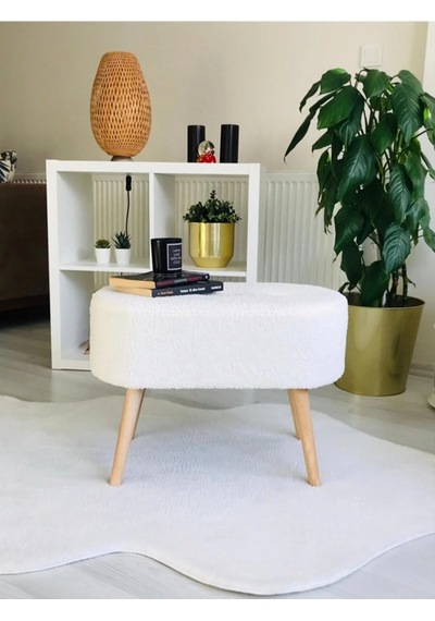 Gürgen Ahşap Ayak Welsoft Kumaş Oval Pufidik Puf Bench Tabure Sandalye Beyaz