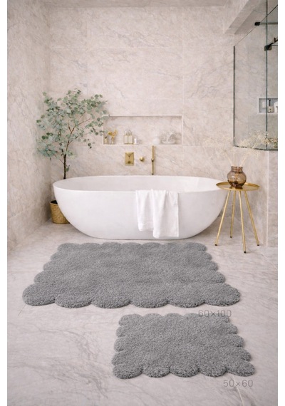 Buççin Online Mağaza Dekoratif Kaymaz Taban Papatya Kesimli Banyo Paspası, Klozet Takımı, 60x100-50x60 Cm Polyester Gri Çok Renkli