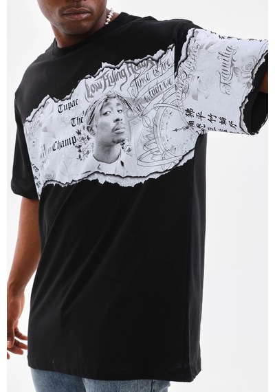 Ertaştrendstore Erkek Bisiklet Yaka Baskılı Oversize T-shirt - Siyah Çok Renk