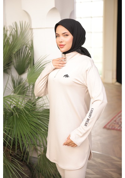 Mimi Luxury Wear Bej Kadın Fermuarlı Dalgıç Kumaş Standart Kalıp Jogger Eşofman Takımı 358