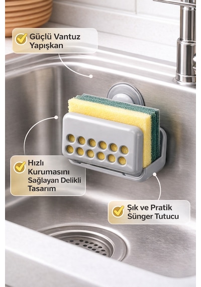 Vantuzlu Sünger Tutucu Lavabo İçi Duvara Yapışan Delikli Mutfak Sünger Askısı Organizer