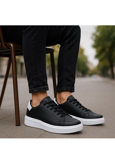 Erkek Siyah Beyaz Tabanlı Bağcıklı Sneaker Spor Ayakkabı-641 Siyah  -  Beyaz