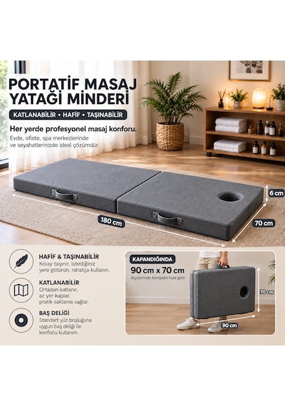 Masaj Yatağı Portatif Katlanabilir Masaj Yatağı Minderi 6 Cm Sünger 180x70 Cm Gri