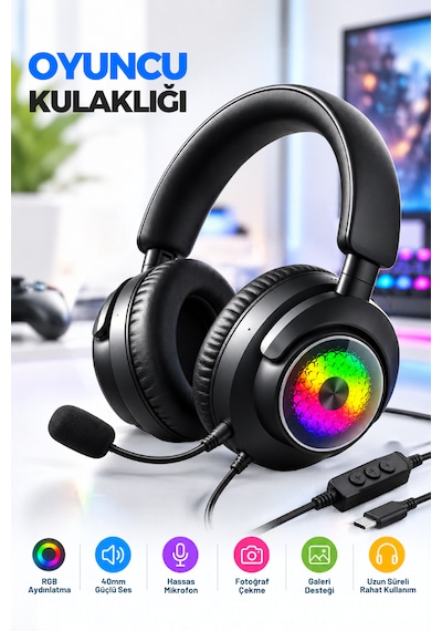 Oyuncu Kulaklığı Mikrofonlu Rgb Led Işıklı 3.5mm Type-c Pc Ps Xbox Uyumlu