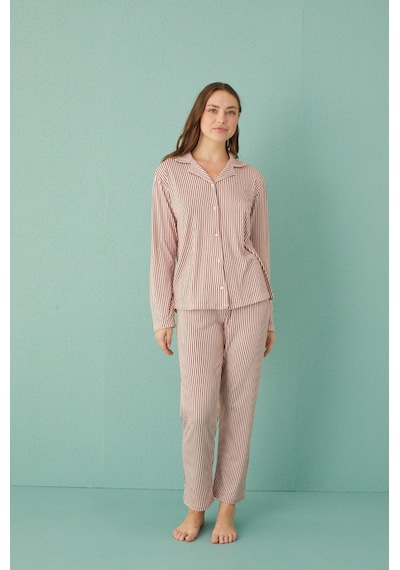 Pemilo Kadın 50701-287 Önü Düğmeli Pijama Takımı Mürdüm MÜRDÜM