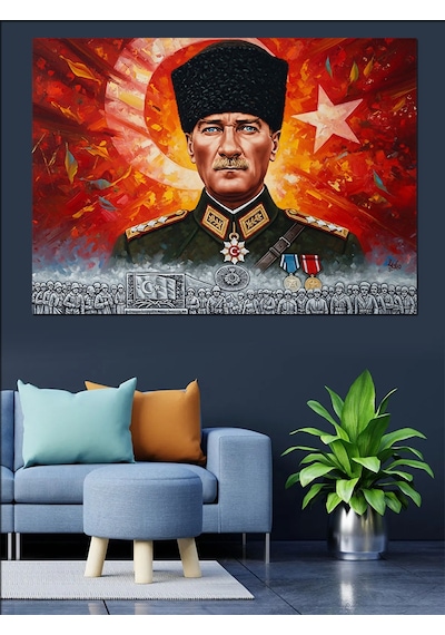 Türk Bayrağı, Kalpak Başlıklı Atatürk Ve Kahraman Türk Askeri Dekoratif Kanvas - Mdf Ahşap Tablo