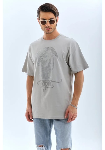 Veraura Lifestyle Unisex Oversize Taşlı Bisiklet Yaka T-shirt - Gri