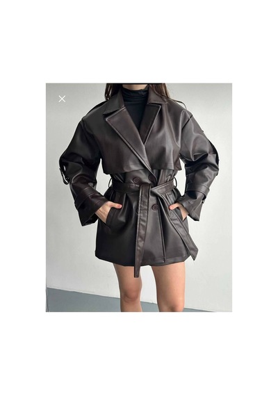 Moda Banuş Rüzgarlık Detay Oversıze Deri Trençkot Kahverengi Kahverengi