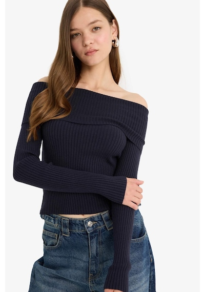 Defacto Slim Fit Dar Kesim Açık Omuz Triko Kazak B6537AX23WN Lacivert