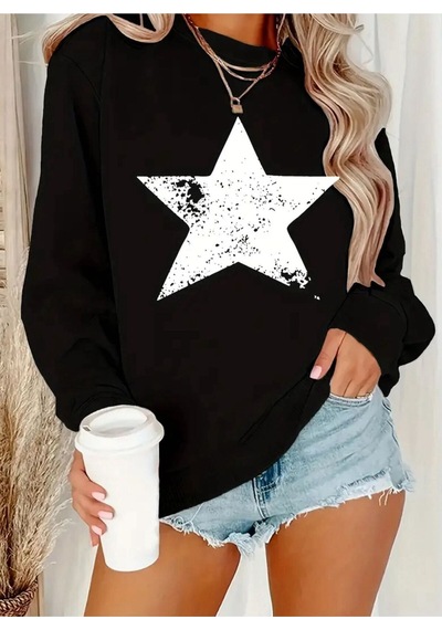 Medinenur Yıldız Baskılı Sweatshirt Siyah