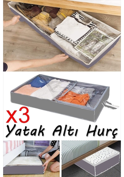 Serstil 3 Adet - Yatak Altı Baza Hurcu Fermuarlı Saklama Çantası Gri 80x20x50cm