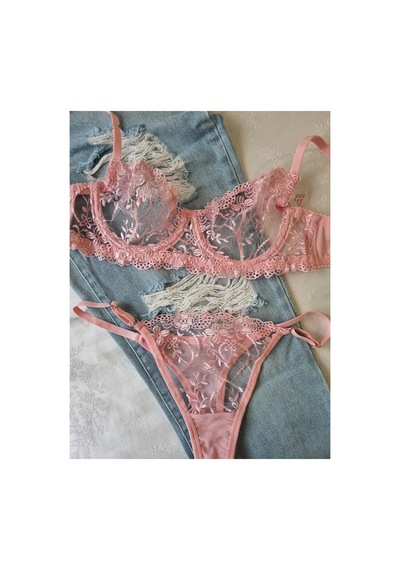 Demirsa Boutique Çiçek Desenli Dantelli Pembe Sütyen Ve Tanga, İç Çamaşır Takımı Pembe