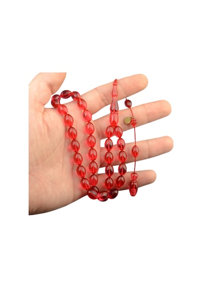 Sistem Püsküllü 11x8 Mm İmzalı Ateş Kehribar Tesbih Kırmızı