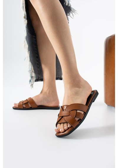 Dabab Shoes Lında Kadın Taba Kare Burun Örgü Bantlı Düz Taban Günlük Terlik