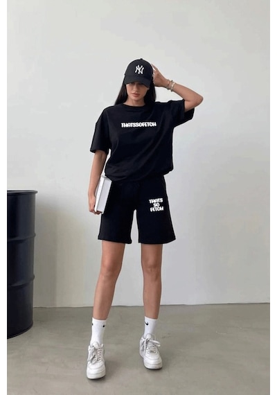 Thatssofetch T-shirt Şort - Siyah Alt Üst Kombin Şort Tişört Takım Baskılı Oversize Bisiklet Yaka Siyah Thatssofetch T-shirt Şort - Siyah Alt Üst Kombin Şort Tişört Takım Baskılı Oversize Bisiklet Yaka Siyah