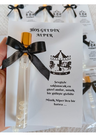 Perivar Kişiye Özel - Siyah - Atlıkarınca Baskılı Kart Hoş Geldin Bebek Mevlüt Misafir Hediyeliği