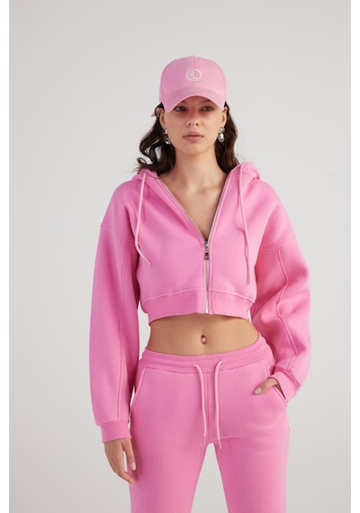 Holly Lolly Kadın Pembe Kapüşonlu Uzun Kol Fermuarlı Crop Mixed Sweat