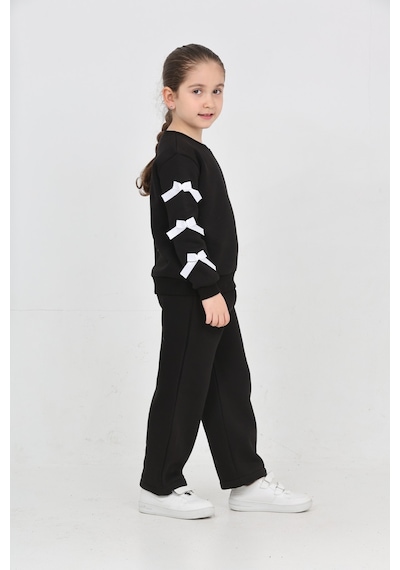 Erdem Kıds Kız Çocuk 3 İplik Şardonlu Kurdele Detaylı Basic Sweatshirt-bol Kesim Palazzo Eşofman Takım Siyah Siyah