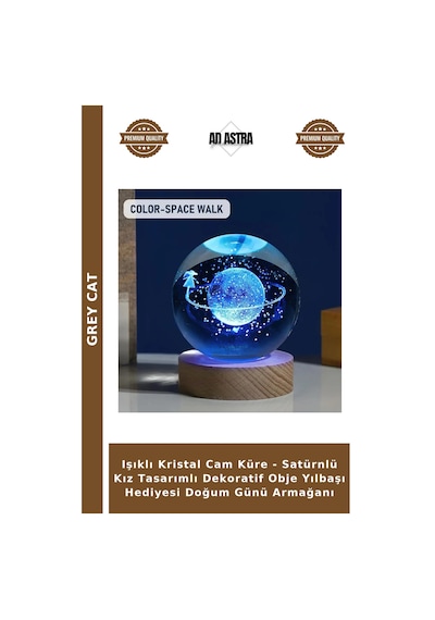 Işıklı Kristal Cam Küre - Satürnlü Kız Tasarımlı Dekoratif Obje Yılbaşı Hediyesi Doğum Günü Armağanı