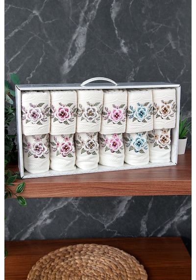 %100 Pamuklu 3d Çiçek İşlemeli 12 Li Analı Kızlı Çeyizlik Havlu Seti 50x90 Cm - 00030 Beyaz