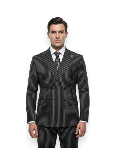 Hermose Sartorial Onyx Siyah Kruvaze Çizgili Takım Elbise