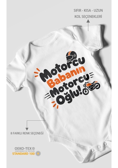 Morivokids Motorcu Babanın Motorcu Oğlu Kısa Kollu Bebek Body %100 Pamuk Beyaz