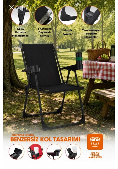 Holiday Kamp Sandalyesi Piknik Katlanır Bardaklıklı Plaj Sandalyesi 1 Adet Siyah Siyah 1 Adet
