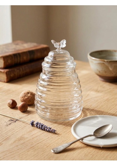 Borosilikat Cam Bal Kavanozu, Ahşap Kaşık 300ml Şeffaf