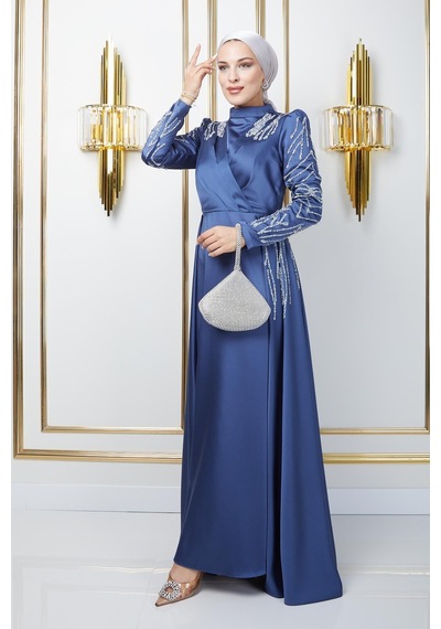 Olcay Önü Ve Kolları Pul Ve Taş Detaylı Saten Abiye Elbise K. İndigo 1660