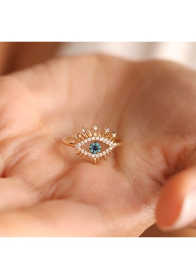 Sembolgold 14 Ayar Özel Tasarım Altın Evil Eye Yüzük Firuzeli T10990 Renkli