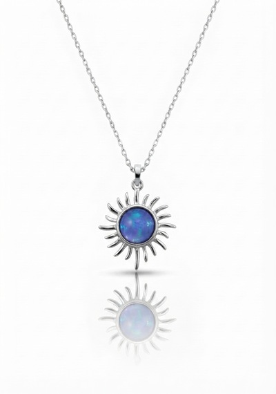 Gümüş Opal Taşlı Mini Güneş Kolye - 925 Ayar Gümüş Gümüş - Rodyum