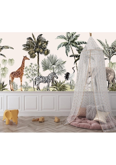Ormanda Palmiyeler Altında Zürafa Zebra Fil Çocuk Odası Poster Duvar Kağıdı Renkli