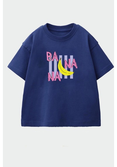 Monila Kız Çocuk Pamuklu Bisiklet Yaka Baskılı T-shirt Lacivert