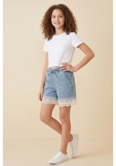 Modanıno Kız Çocuk Tül Dantelli Ve Beli Lastikli Jean Şort 2-12 Yaş 12674sk Mavi