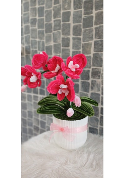 Yapay Saksılı Çiçek - Saksılı Orkide - Hediye Çiçek, Anneler Günü, Doğum Günü Çiçeği -35 Cm Fuşya