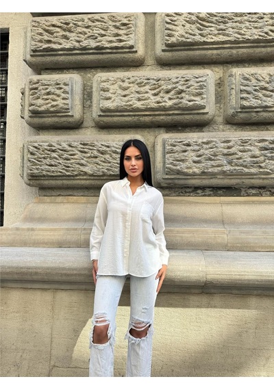 WeShaya Beyaz Oversize Kırışık %100 Polyester Gömlek Beyaz