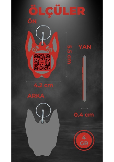 Petjoo 30.Anubis Gri-Kırmızı Qr'lı Köpek Künyesi