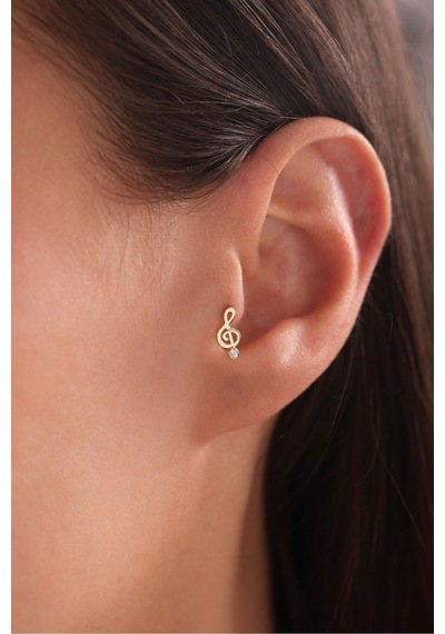 14 Ayar Altın Taşlı Sol Anahtarı Müzik Tragus Küpe