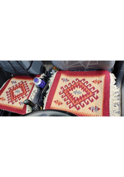 Reversible Oto Koltuk Kilim Seti 3 Parça Makine Dokuma Akrilik & Polyester Saçaklı - Kırmızı