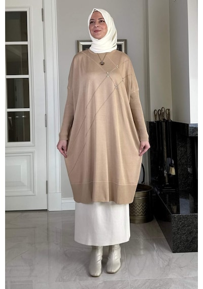 Rabia Şamlı Melda Triko Tunik Bej Çok Renkli