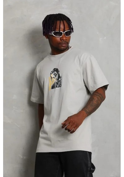 Modi Erkek Baskılı T-shirt Kısa Kol Bisiklet Yaka Regular Fit Rahat Kalıp Günlük Tişört - Gri - Mymg185494