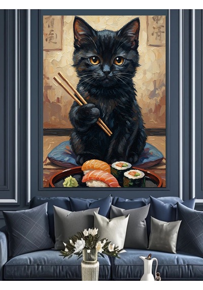 Çubukla Sushi Yiyen Kara Kedi Dekoratif Kanvas - Mdf Ahşap Tablo